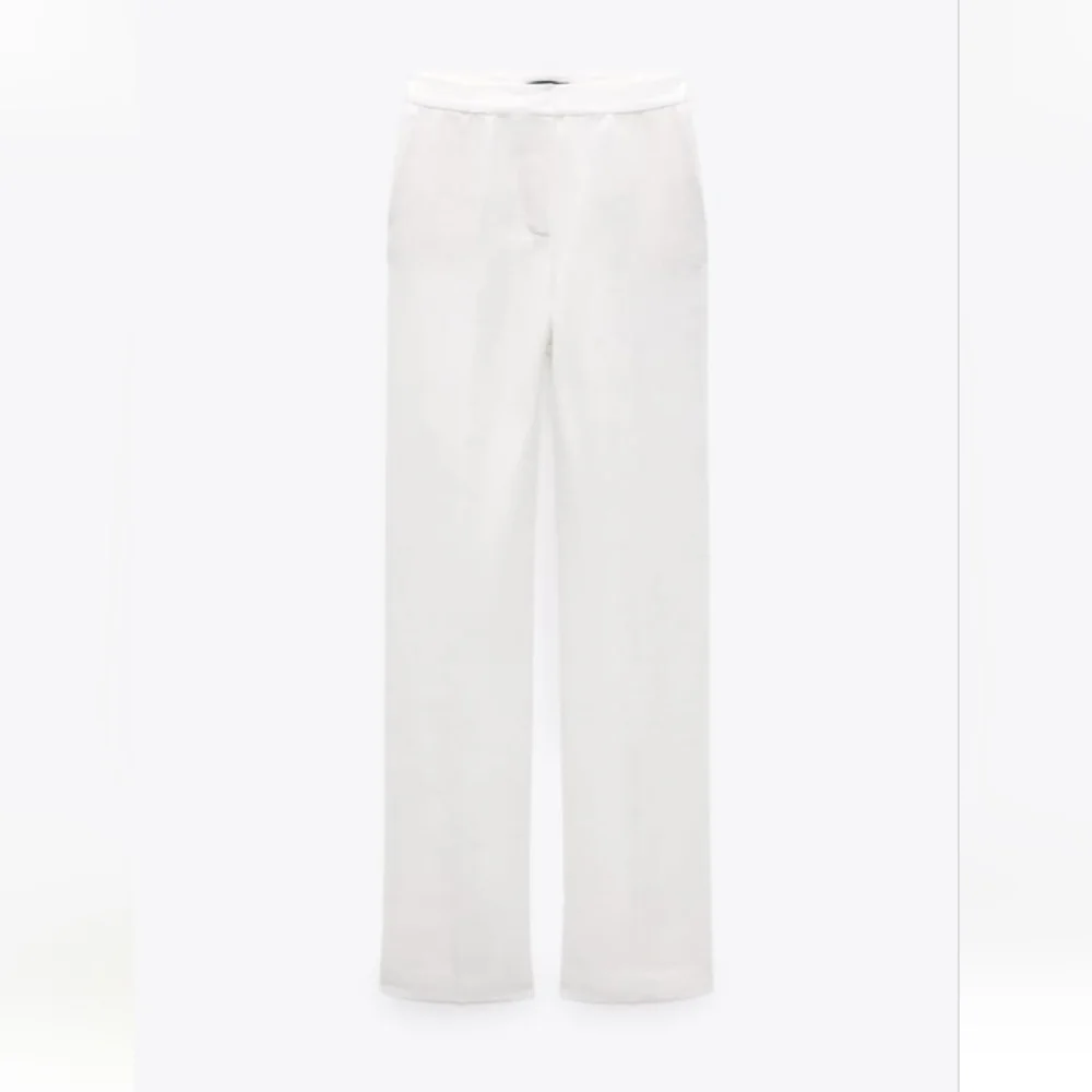 Zara White Linen Cotton Blend Casual Straight Leg Pants Sz-L